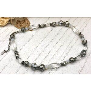 Vintage Style Silver & Clear Beaded Necklace With Adjustable Chain by Cookie Lee